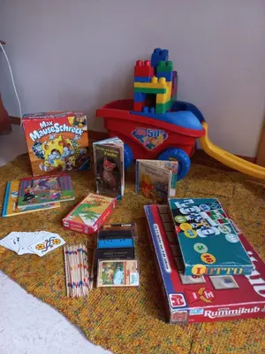 a pile of childrens books and toys on the floor at Ferienwohnung Brülisauer in Brülisau