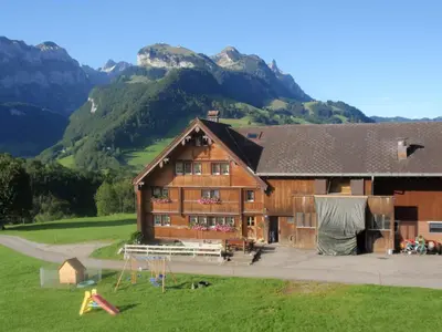 a large wooden barn with mountains in the background at Ferienwohnung Brülisauer in Brülisau
