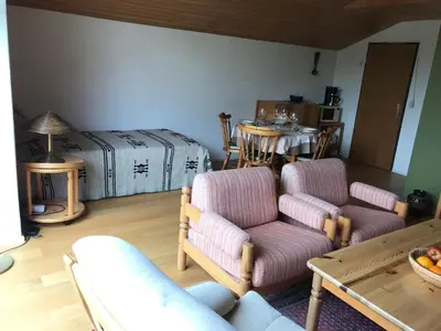 a living room with two chairs and a table at Jizerka in Unterwasser