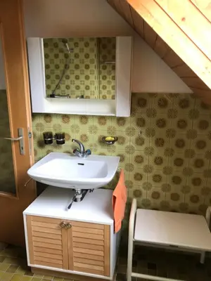a bathroom with a sink and a mirror at Jizerka in Unterwasser