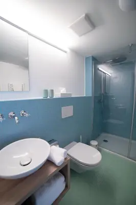 a bathroom with a sink and a toilet and a shower at Gasthaus Friedegg in Wildhaus