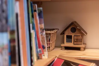 a book shelf with a small bird house on it at Schwalbennest in Wildhaus