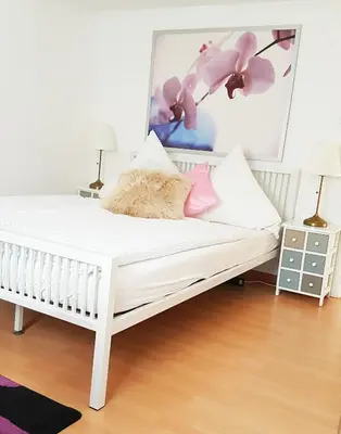 a white bed in a room with a painting on the wall at Family Mountain View - Upper Alley in Buchs