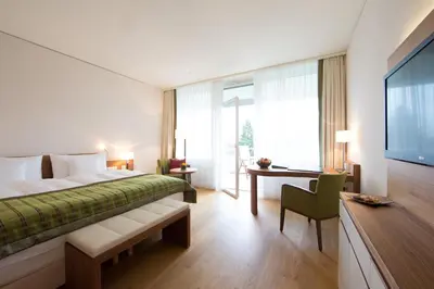 a bedroom with a bed and a desk and a television at Oberwaid - Das Hotel. in St. Gallen
