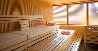 a sauna with two wooden benches in a room at Oberwaid - Das Hotel. in St. Gallen