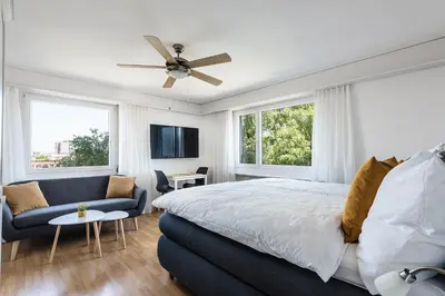 a bedroom with a bed and a couch and windows at SOHO 5B !Gratis Parken, Free Parking! in Kreuzlingen