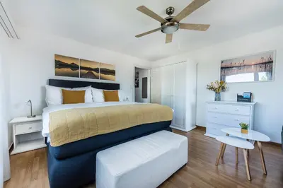 a bedroom with a bed and a ceiling fan at SOHO 5B !Gratis Parken, Free Parking! in Kreuzlingen