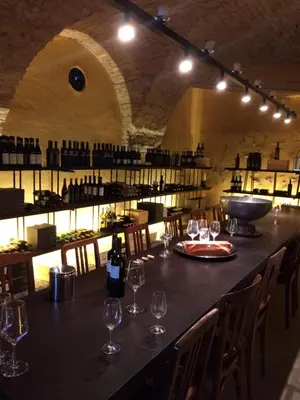 a bar in a wine cellar with wine glasses at Schloss Brunnegg in Kreuzlingen