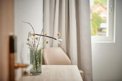 a vase filled with flowers sitting on a table at Hotel Balga Natur- und Bikehotel in Balgach