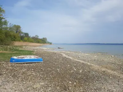 a blue boat sitting on the shore of a beach at Bio Hof Moosburg am See mit Sauna in Güttingen