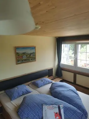 a kitchen with a table and chairs in a room at Gasthaus Fuchsacker in Degersheim