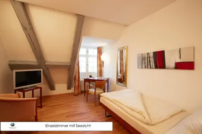 a room with a bed and a desk and a tv at Hotel de Charme Römerhof in Arbon