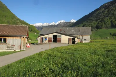 a couple of buildings in a field with mountains at Wies in Stein