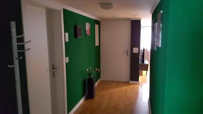 a hallway with green walls and a green wall at London Apartments in Rheineck