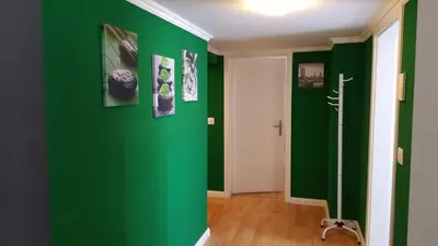 a green wall in a room with a toilet at London Apartments in Rheineck