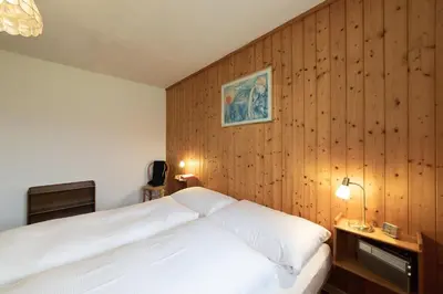 a bedroom with a white bed and a wooden wall at Sonnhalde in Wildhaus