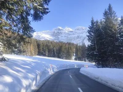 a road covered in snow with trees and mountains at Säntisecho - in der Natur zu Hause in Urnäsch