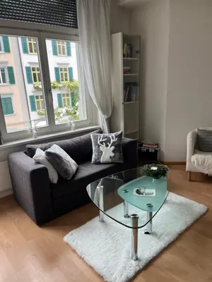 a living room with a couch and a glass table at over-night City-Flat in St. Gallen