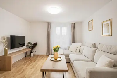 a white living room with a couch and a tv at VISIMO Apartments Felsenstrasse St Gallen - Elegant heritage building in a quiet neighbourhood in St. Gallen