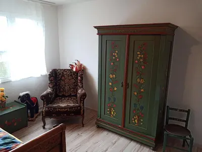 a green cabinet and a chair in a room at B&B Im Bitzi in Zuzwil