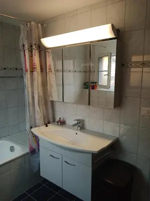 a bathroom with a sink and a mirror and a tub at B&B Im Bitzi in Zuzwil