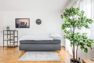a bed in a room with two potted plants at SOHO 11 !Gratis Parken, Free Parking! in Kreuzlingen