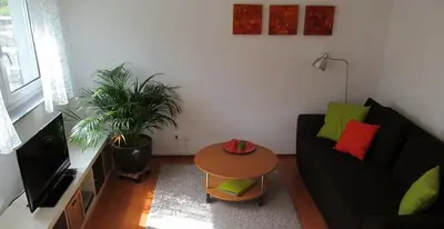 a living room with a black couch and a table at Ferienwohnung am Bach in Kreuzlingen