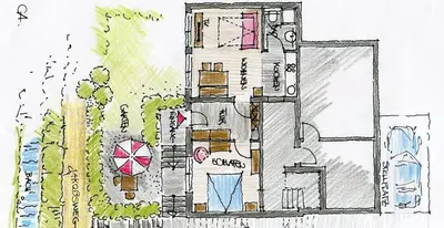 a drawing of a house with a garden at Ferienwohnung am Bach in Kreuzlingen