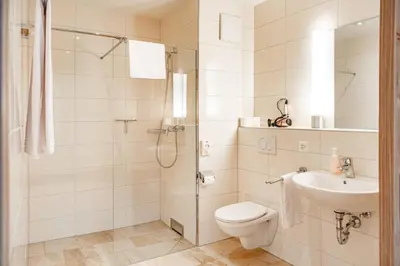 a bathroom with a shower and a toilet and a sink at Wohntel - wohnen wie im Hotel in Sevelen