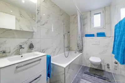 a bathroom with a sink and a shower and a toilet at Aparthotel Mama Home Arbon in Arbon