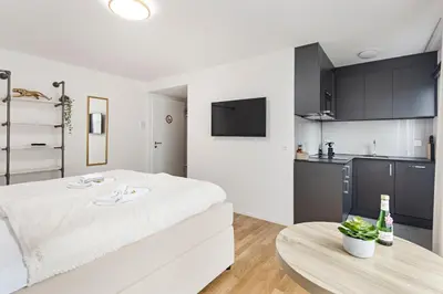 a bedroom with a bed and a table and a kitchen at VISIMO Apartments Lehnstrasse St Gallen - Stylish, Smart, Connected in St. Gallen