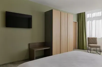 a bedroom with a bed and a tv and a chair at flexymotel Buchs in Buchs
