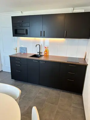 a kitchen with black cabinets and a sink at Lakeside Apartments Rorschach - easy self check-in in Rorschach