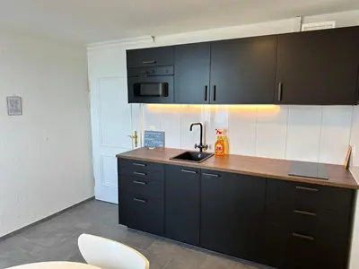 a kitchen with black cabinets and a sink at Lakeside Apartments Rorschach - easy self check-in in Rorschach