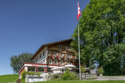 a large building with a flag in front of it at Hotel Frohe Aussicht in Weissbad