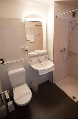 a bathroom with a toilet and a sink and a shower at Hotel Metropol in Widnau