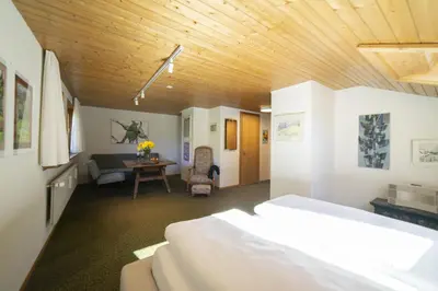 a bedroom with two beds and a desk in a room at Etienne in Wildhaus
