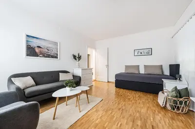 a living room with a couch and a table at SOHO 1A !Gratis Parken, Free Parking! in Kreuzlingen