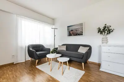 a living room with a couch and two chairs and a table at SOHO 1A !Gratis Parken, Free Parking! in Kreuzlingen