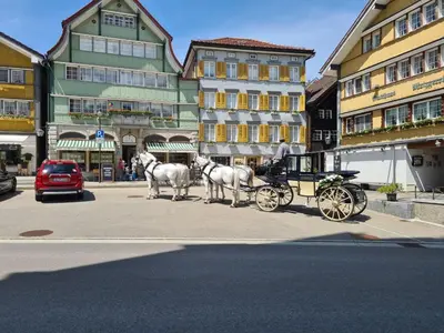 a horse drawn carriage on a city street with buildings at Backpacker Bären in Urnäsch