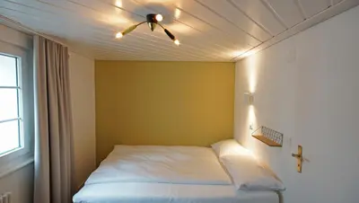 a bed in a room with a ceiling fan at Alte Metzg - Boutique Pension in Appenzell