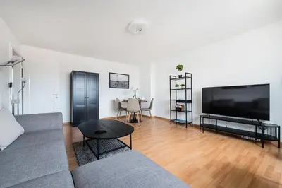 a living room with a couch and a flat screen tv at SOHO 5A !Gratis Parken, Free Parking! in Kreuzlingen