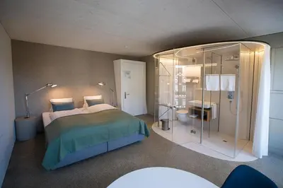 a bedroom with a bed and a glass shower at Gasthaus zum Trauben in Weinfelden