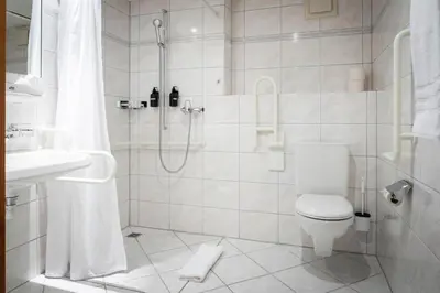 a bathroom with a shower and a toilet and a sink at Vegan Health Hotel Sonnenberg in Schwellbrunn