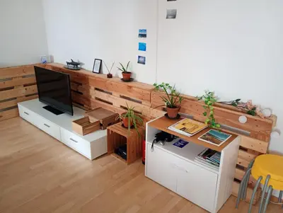 a living room with a tv on a wooden wall at Gemütliche Dachwohnung in St. Gallen