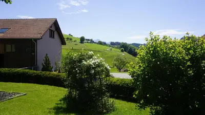 a house with a green hill in the background at Loft in der Natur mit Gartenzugang und Sauna in Herisau
