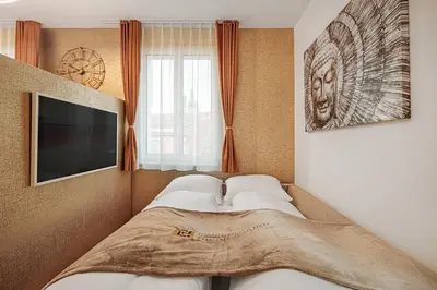 a bed in a room with a tv and a window at VISIMO Apartments Mühlensteg St Gallen - Elegant Quiet Central in St. Gallen