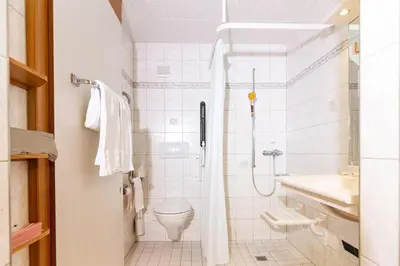 a bathroom with a shower and a toilet and a sink at Hotel Swiss Views in Hemberg