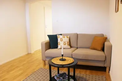 a living room with a couch and a table at Completely renovated apartment near the train station and the center in St. Gallen