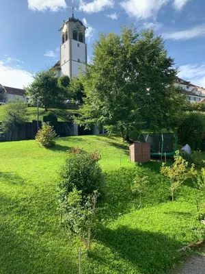 a grassy field with a clock tower in the background at Allegra Appenzell in Trogen